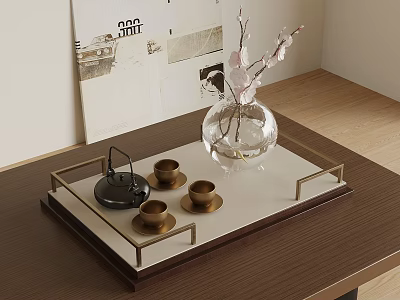 Elegant Tea Set with Black Teapot Golden Cups on Decorative Tray with Glass Vase 3d model