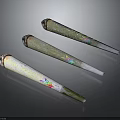 Three Conical Decorative Items With Green White Surface And Colorful Patterns