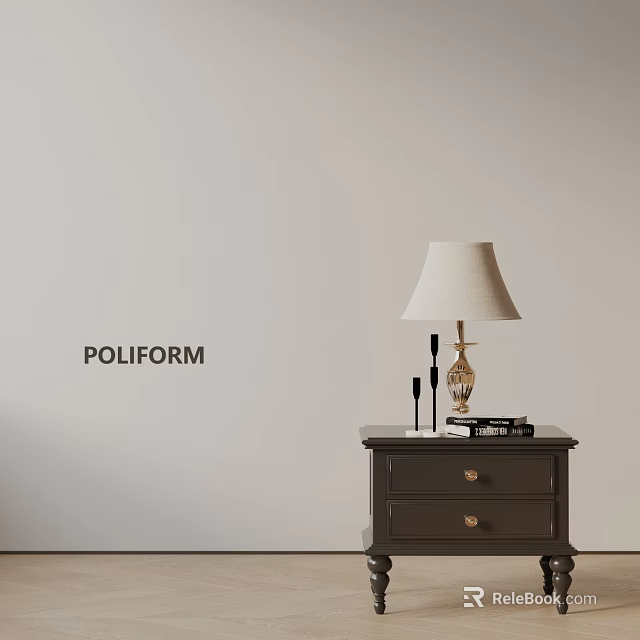 Poliform Dark Bedside Table with Two Drawers Gold Knobs Lamp Books and Candles 3d model