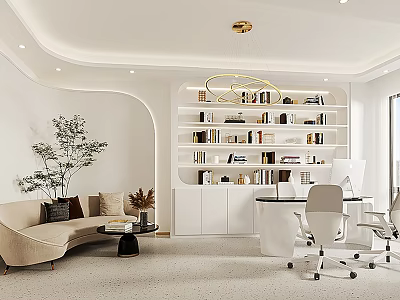 Modern Office Interior With White Bookshelves Desk Sofa And Green Plant 3d model
