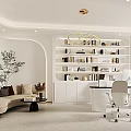 Modern Office Interior With White Bookshelves Desk Sofa And Green Plant