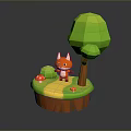 Low Poly Style Cartoon Fox Game Character with Green Tree Red Mushrooms on Small Island