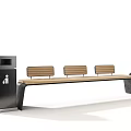 Modern Landscape Benches With Wooden Seats Metal Frames And Trash Bins In Outdoor Spaces
