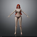 3d model woman with red hair wearing black bikini standing on gray background