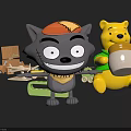 Gray Wolf Plush Toy and Yellow Bear Doll with Honey Jar and Toy Parts