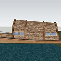 Wooden Boathouse With Arched Thatched Roof Windows Platform Connecting To Land Near Water Grass