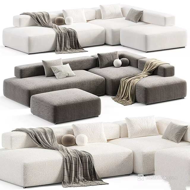 Modern Sectional Sofa Set With Grey White Upholstery Pillows Blankets And Ottoman 3d model 