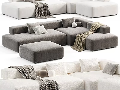 Modern Sectional Sofa Set With Grey White Upholstery Pillows Blankets And Ottoman 3d model