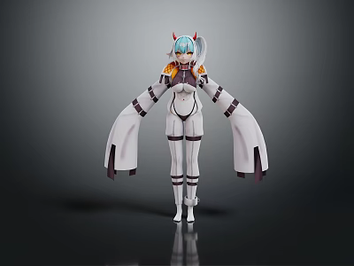 Game And Movie Character With Blue White Hair Red Horns White Outfit And Wide Sleeves 3d model