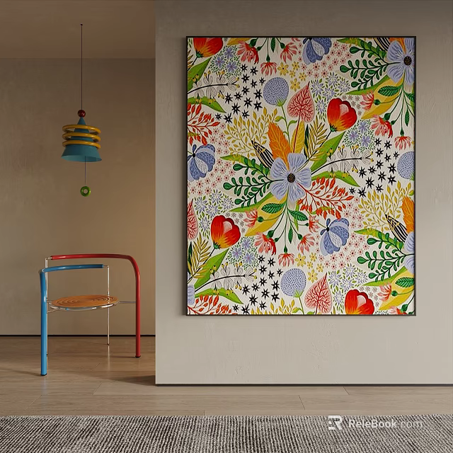 Colorful Floral Landscape Painting in Modern Interior Space with Chair 3d model 