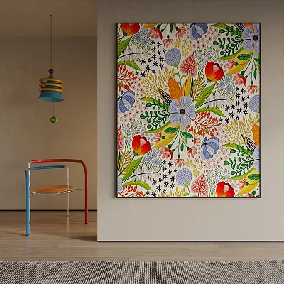 Colorful Floral Landscape Painting in Modern Interior Space with Chair 3d model