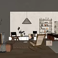 Warm Modern Living Room Interior With Rocking Chair Wooden Bookshelf Pendant Light And Area Rug