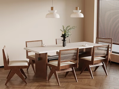 Modern Dining Room With Wooden Table Woven Back Chairs Pendant Lights And Green Plant 3d model