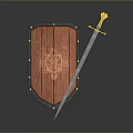 Medieval Weapon Display Featuring Red Wooden Shield Black Border And Golden Hilt Silver Sword