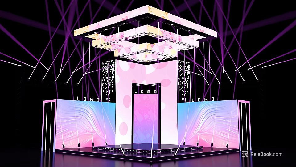 Modern Stage Design With Purple Pink Lighting Geometric Structure And LED Screens 3d model 