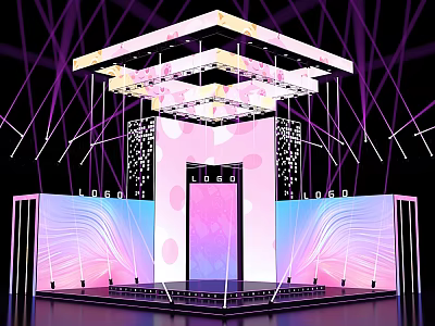 Modern Stage Design With Purple Pink Lighting Geometric Structure And LED Screens 3d model