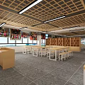 School Student Dining Area With Wooden Grid Ceiling Long Tables Stools And Bookshelves