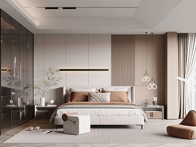 Modern Bedroom Interior Design With Neutral Tones Bed Nightstands Pendant Lights And Rug 3d model