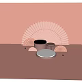 Stylish Display Stands with Pink Background and Large Fan Shaped Decorations and Gold Decorative Balls