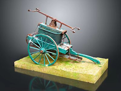 Vintage Hand Cart Model With Green Wheels Metal Structure And Grass Base 3d model