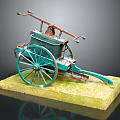Vintage Hand Cart Model With Green Wheels Metal Structure And Grass Base