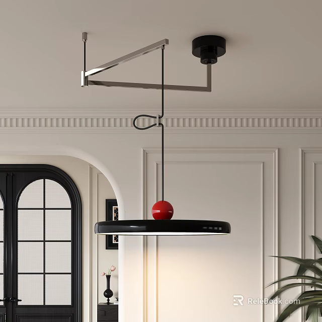 Modern Pendant Light With Black Circular Design And Red Sphere In White Interior 3d model