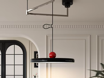 Modern Pendant Light With Black Circular Design And Red Sphere In White Interior 3d model