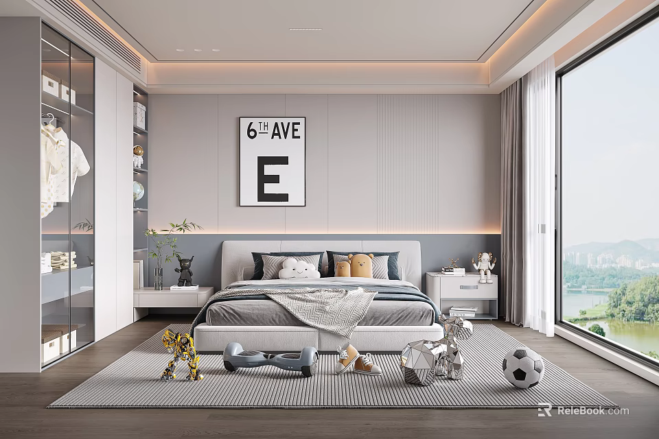 Kids Room Interior With Bed Pillows Toys Soccer Ball Wardrobe And Window View 3d model 