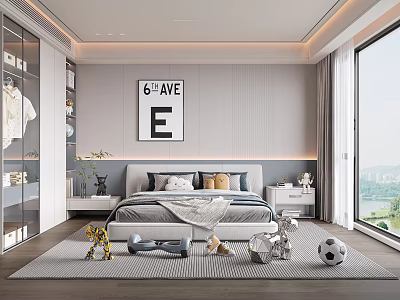 Kids Room Interior With Bed Pillows Toys Soccer Ball Wardrobe And Window View 3d model