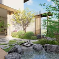 Rockery Stones In Garden Courtyard Featuring Small Pond Green Plants And Wooden Deck
