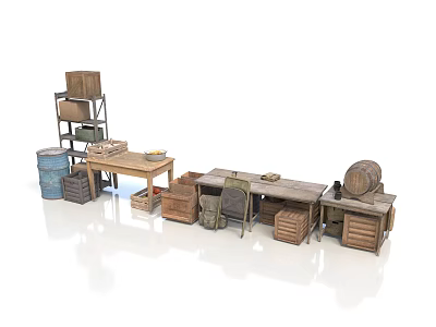 Rustic Wooden Dining Table With Surrounding Barrel Crate And Shelf In Country Style Decor 3d model