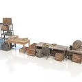 Rustic Wooden Dining Table With Surrounding Barrel Crate And Shelf In Country Style Decor