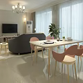 Modern Living And Dining Room With Chandeliers Yellow Armchair Gray Sofa Coffee Tables Large Windows