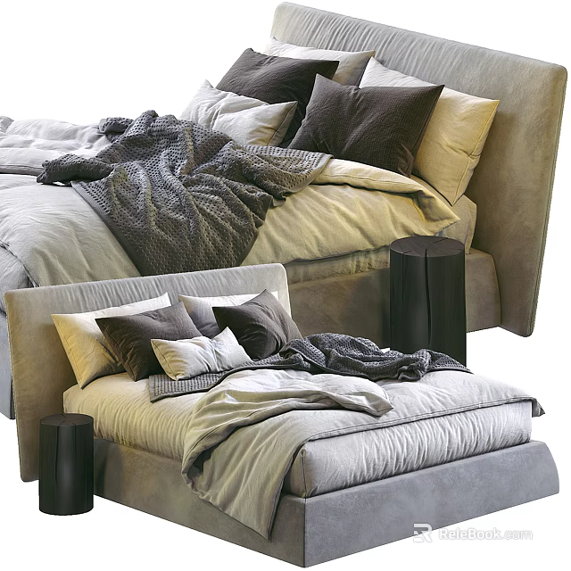 Modern Double Bed With Plush Pillows Cozy Blankets And Upholstered Headboard 3d model 