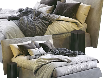 Modern Double Bed With Plush Pillows Cozy Blankets And Upholstered Headboard 3d model