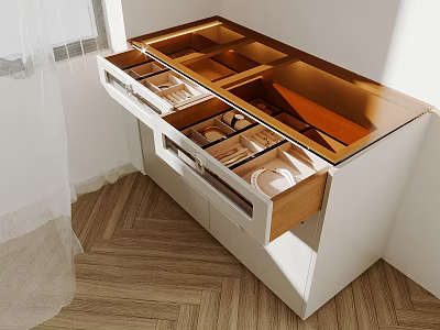 White Cabinet With Open Drawers And Divided Storage For Utensils On Herringbone Floor 3d model