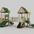 Outdoor Kids Playground Structure With Green Roofs Slides Decorative Trees And Climbing Elements