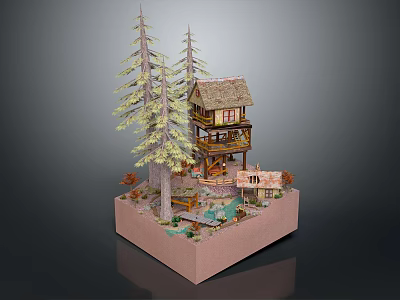 Miniature Scenic Model Featuring Wooden Cottage Pine Trees and Small Pond 3d model