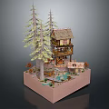 Miniature Scenic Model Featuring Wooden Cottage Pine Trees and Small Pond