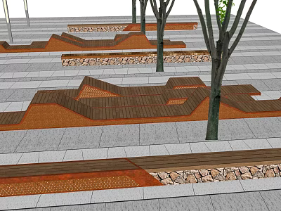 Wooden Outdoor Chairs Arranged In Park With Trees And Stone Paths 3d model