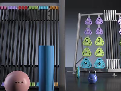Colorful Dumbbells Yoga Ball And Foam Roller On Sports Equipment Storage Rack 3d model