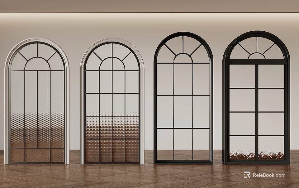Arched Windows With Various Glass Grid Patterns On Wooden Floor And White Wall 3d model 