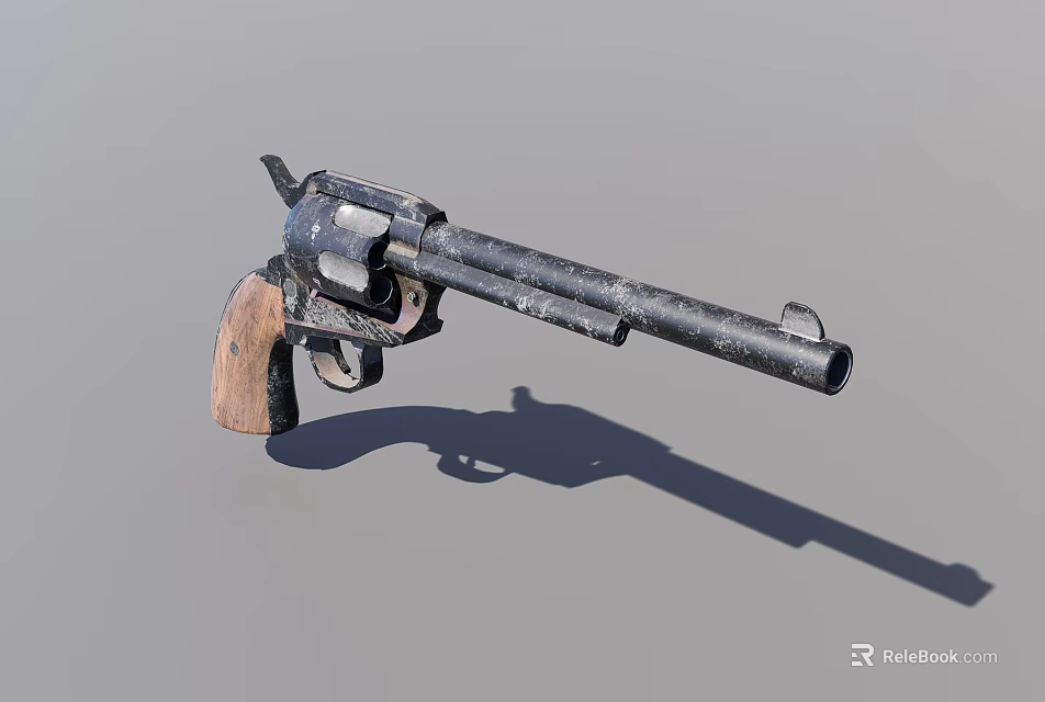 Vintage Revolver with Wooden Grip and Black Metal Body on Gray Background Showing Shadow 3d model 