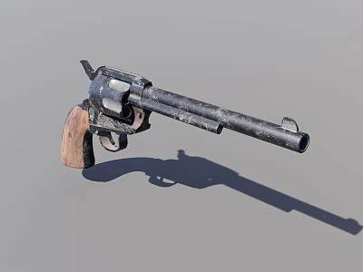 Vintage Revolver with Wooden Grip and Black Metal Body on Gray Background Showing Shadow 3d model