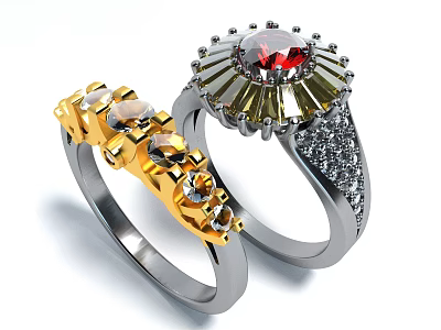 Elegant Golden And Silver Jewelry Rings With Red Yellow And Transparent Gemstones Decorative Design 3d model