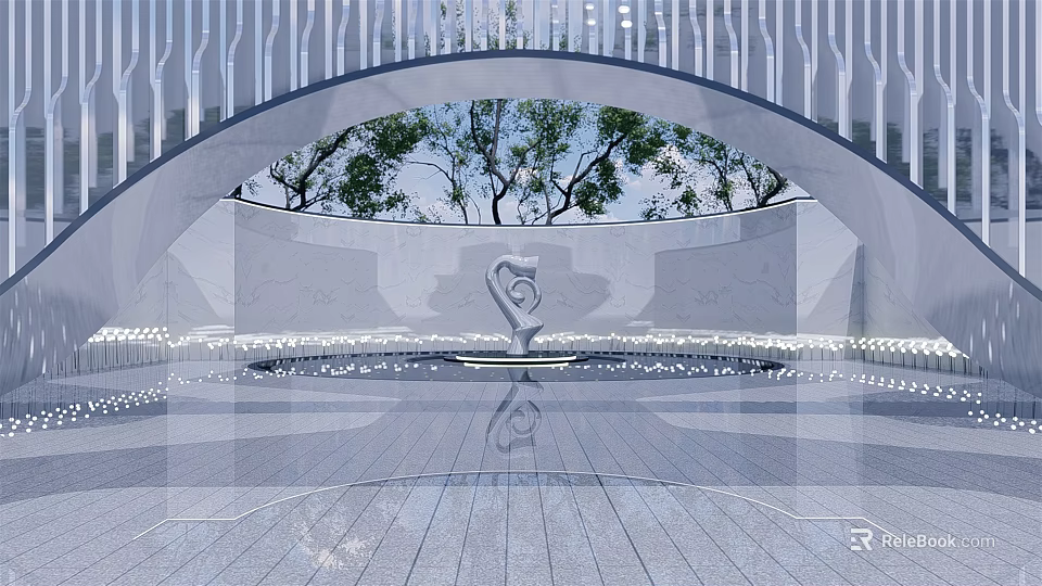 Modern Outdoor Sculpture in Shallow Pool with Reflection Curved White Structure and Tree Background 3d model 
