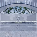 Modern Outdoor Sculpture in Shallow Pool with Reflection Curved White Structure and Tree Background