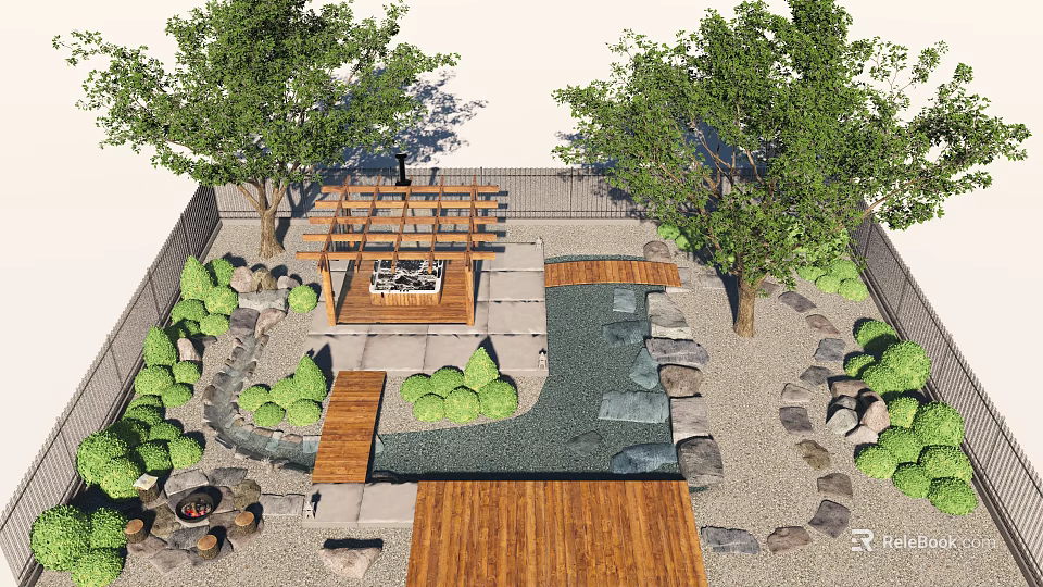 Karesansui Dry Landscape Garden Featuring Raked Sand Stone Arrangements And Wooden Pathway 3d model 