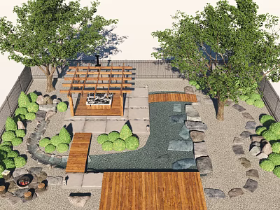 Karesansui Dry Landscape Garden Featuring Raked Sand Stone Arrangements And Wooden Pathway 3d model