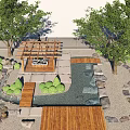 Karesansui Dry Landscape Garden Featuring Raked Sand Stone Arrangements And Wooden Pathway